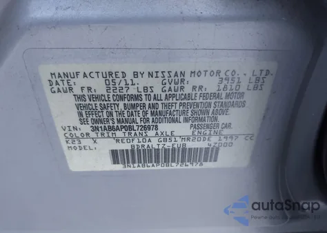 2011 Nissan Sentra 2.0S from USA, damaged, VIN 3N1AB6AP0BL726978